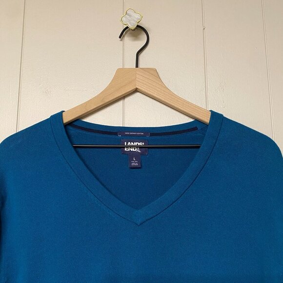 Women's Land's End V-Neck Sweater,100% Supima Cotton, Teal, Large. - Picture 3 of 5
